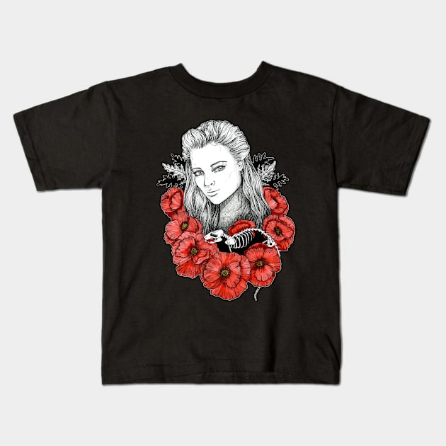 Girl with Poppy Flowers Kids T-Shirt by CasmahCreations